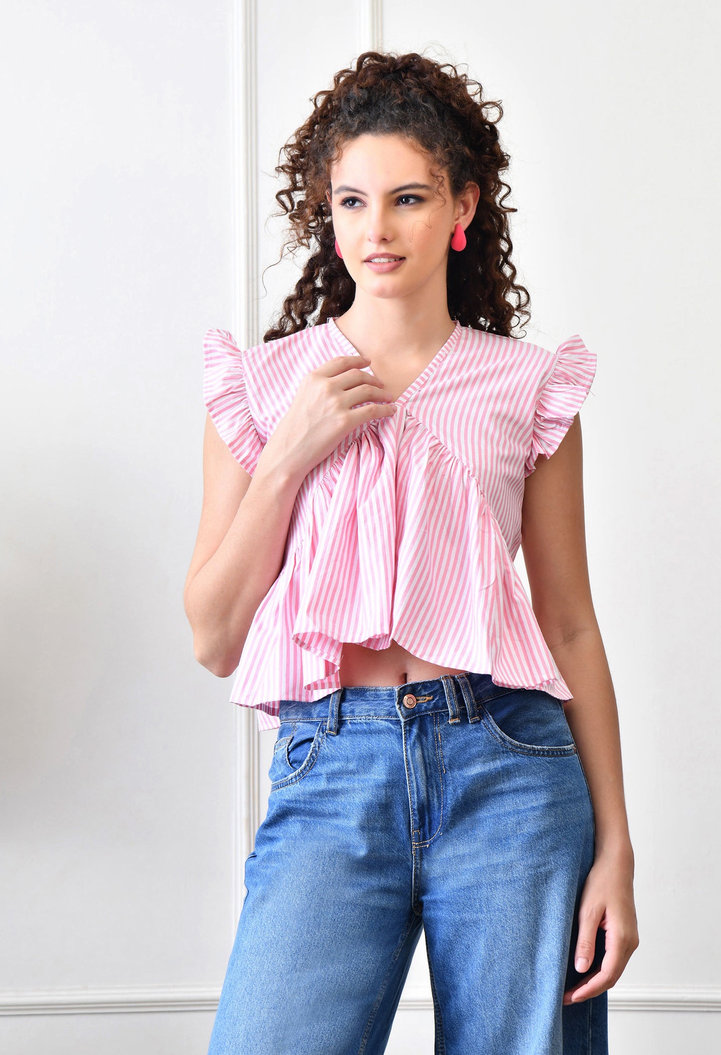 V-Neck Cotton Top in Pink Stripes