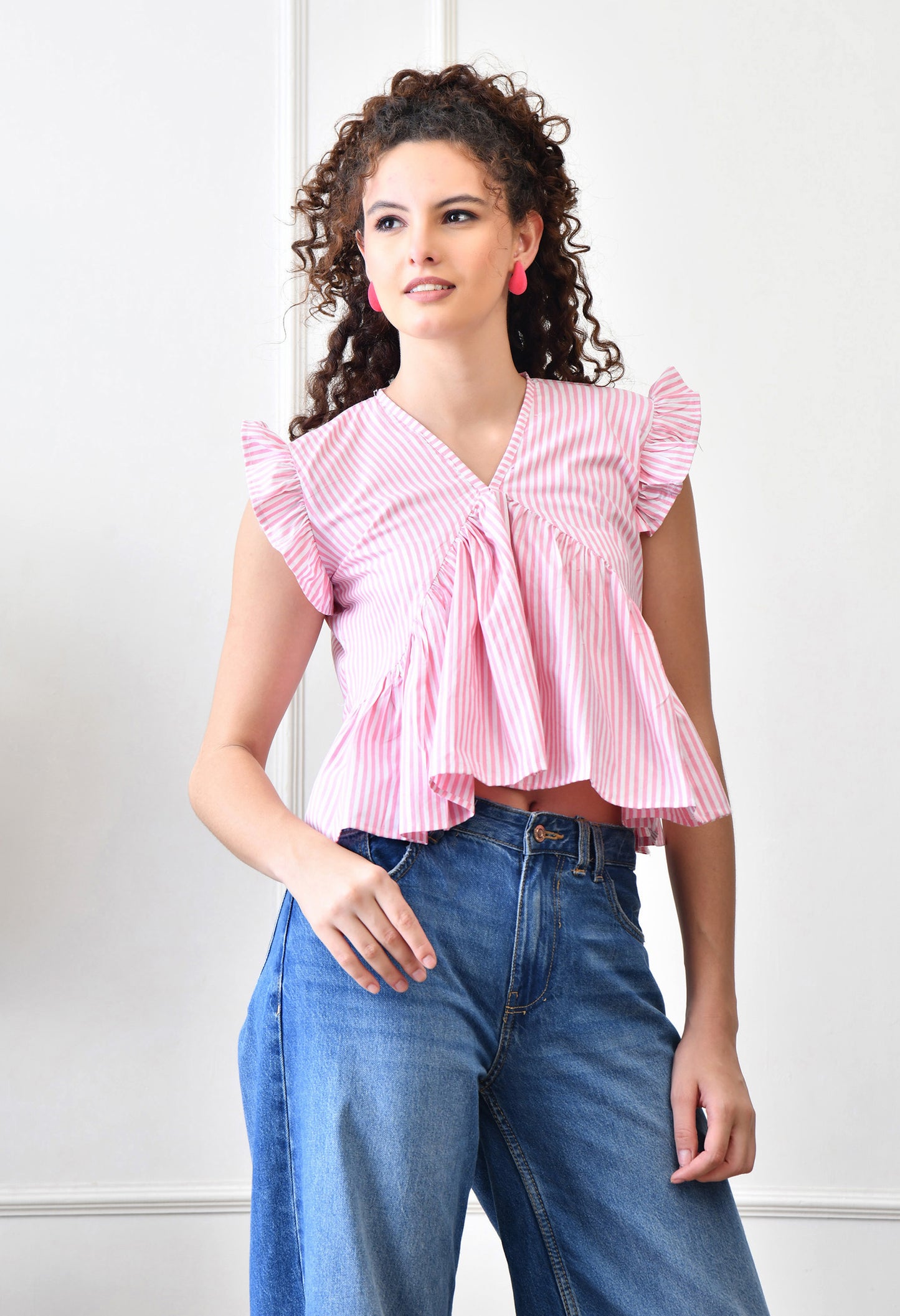 V-Neck Cotton Top in Pink Stripes