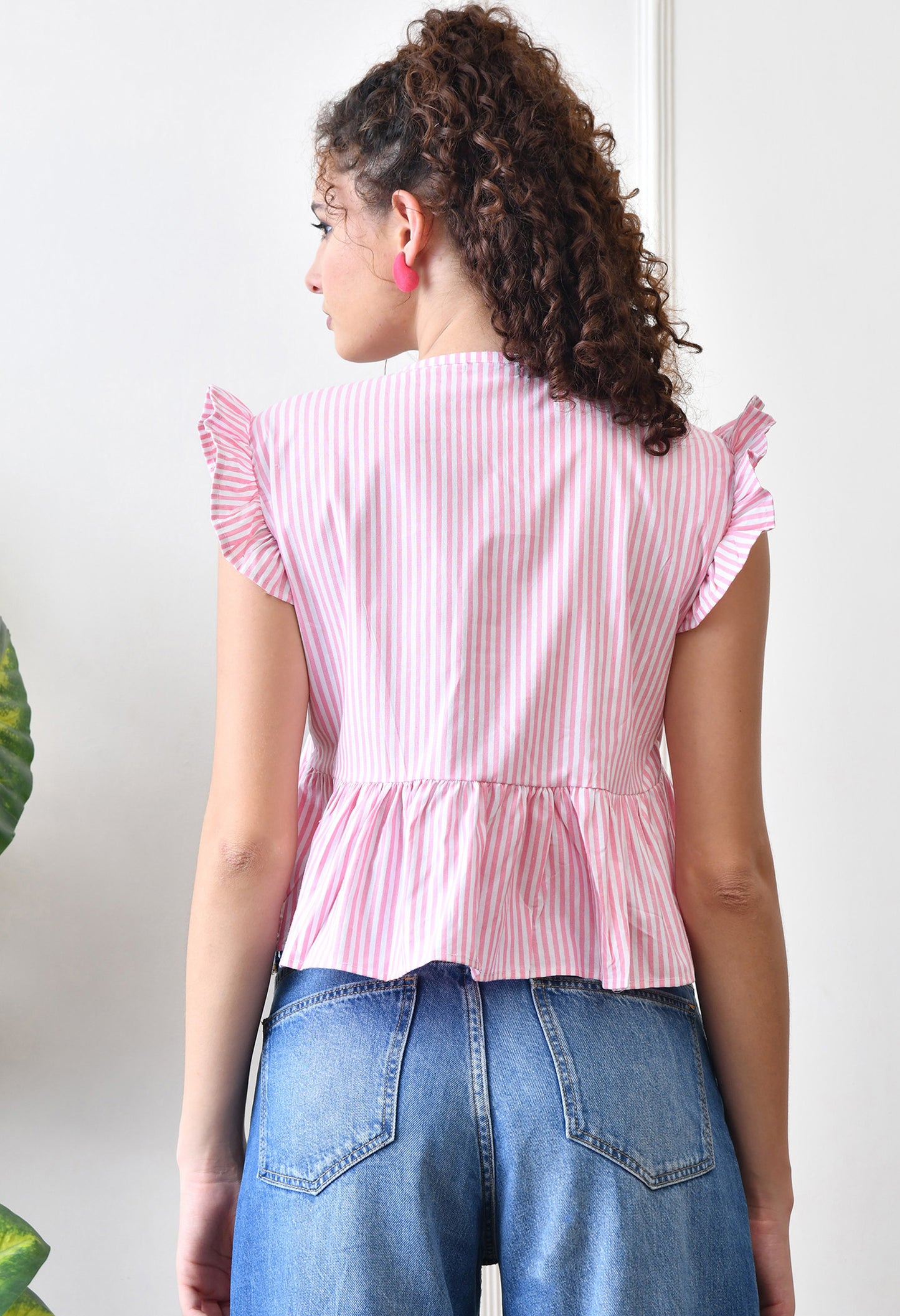 V-Neck Cotton Top in Pink Stripes