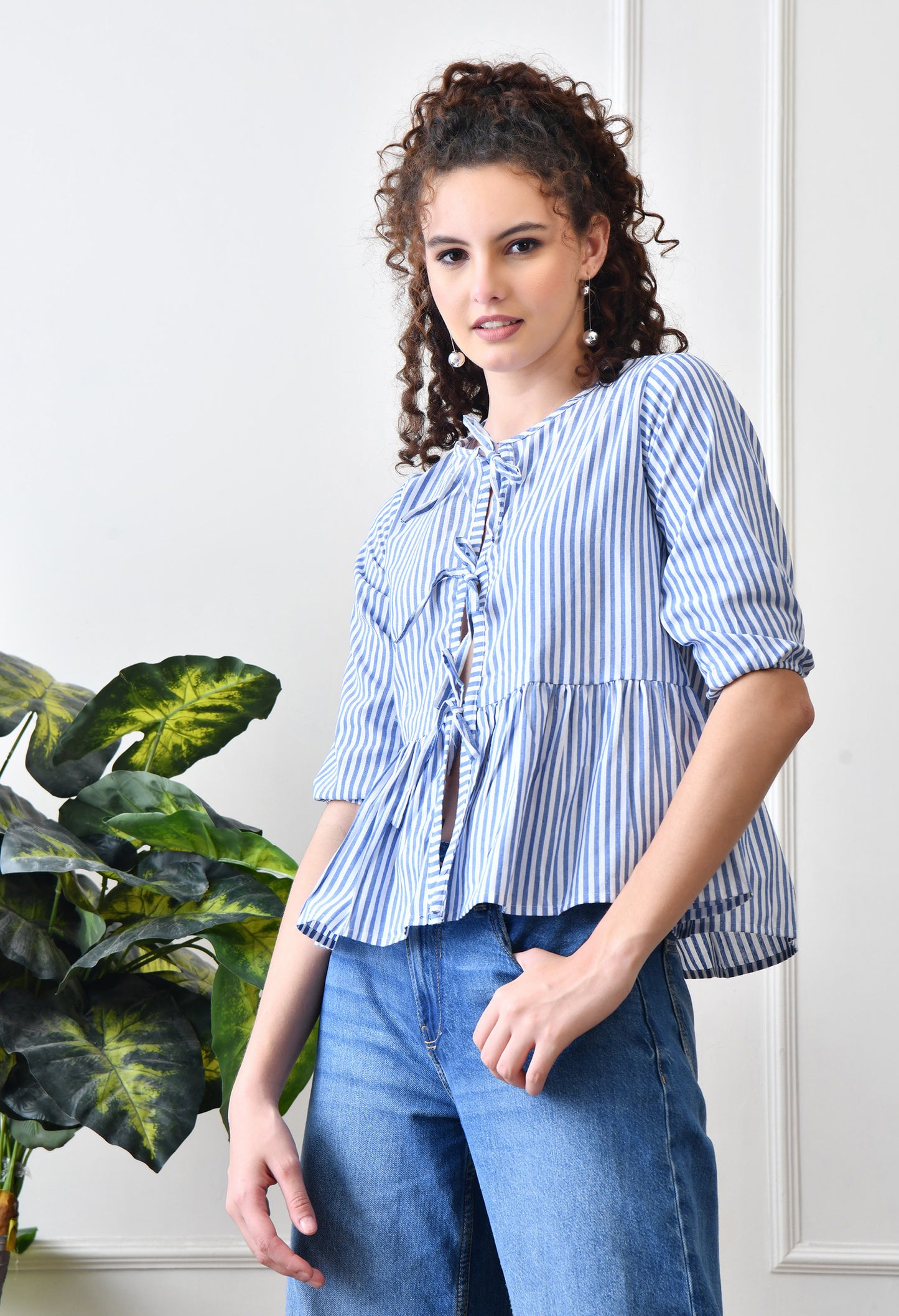 The Chicaboo Tie-Up Peplum Top in Blue Stripes