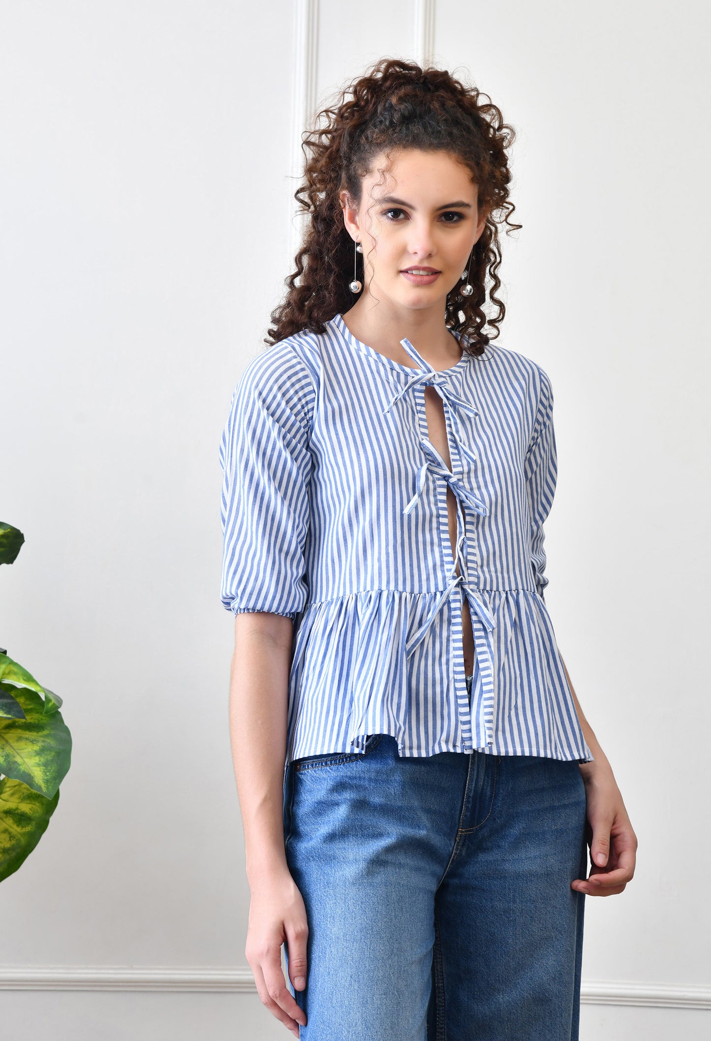 The Chicaboo Tie-Up Peplum Top in Blue Stripes