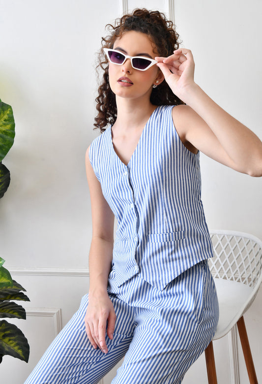 Chic Blue & White Striped Waistcoat and Trouser Co-ord Set