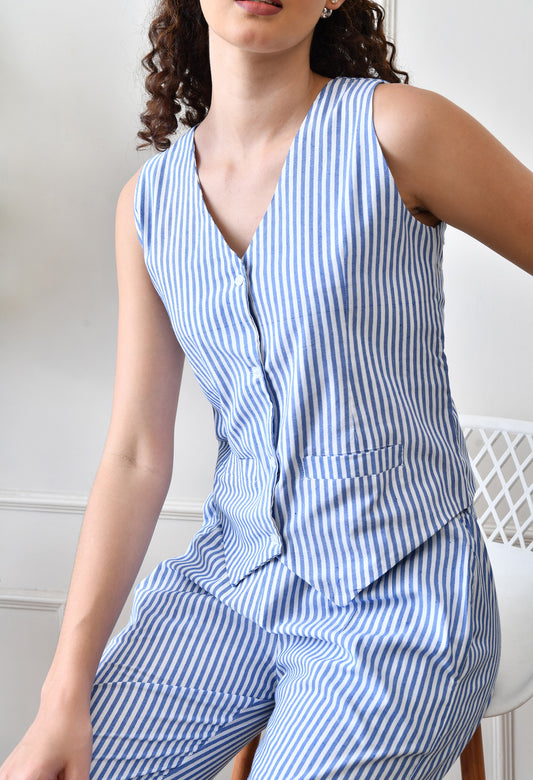 Chic Blue & White Striped Waistcoat and Trouser Co-ord Set