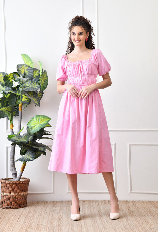 Pink Cotton Puff Sleeve Midi Dress