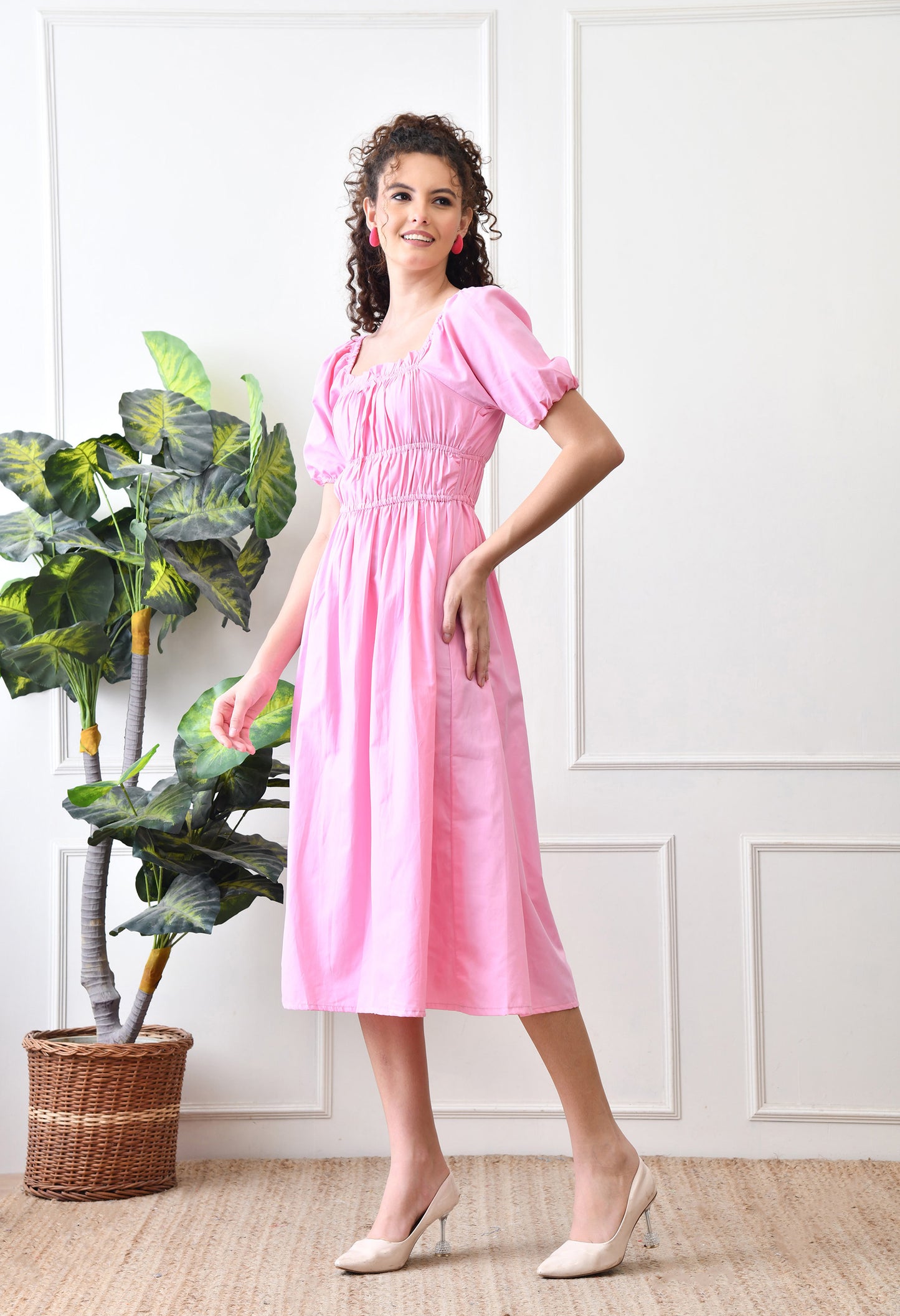 Pink Cotton Puff Sleeve Midi Dress