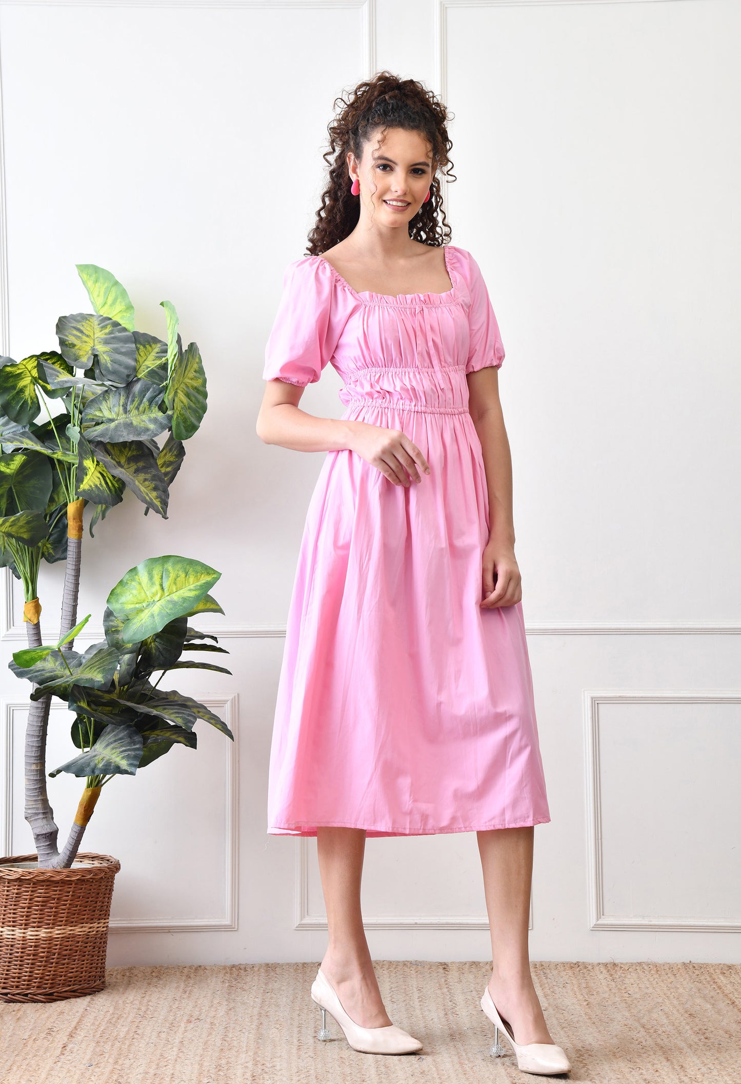 Pink Cotton Puff Sleeve Midi Dress