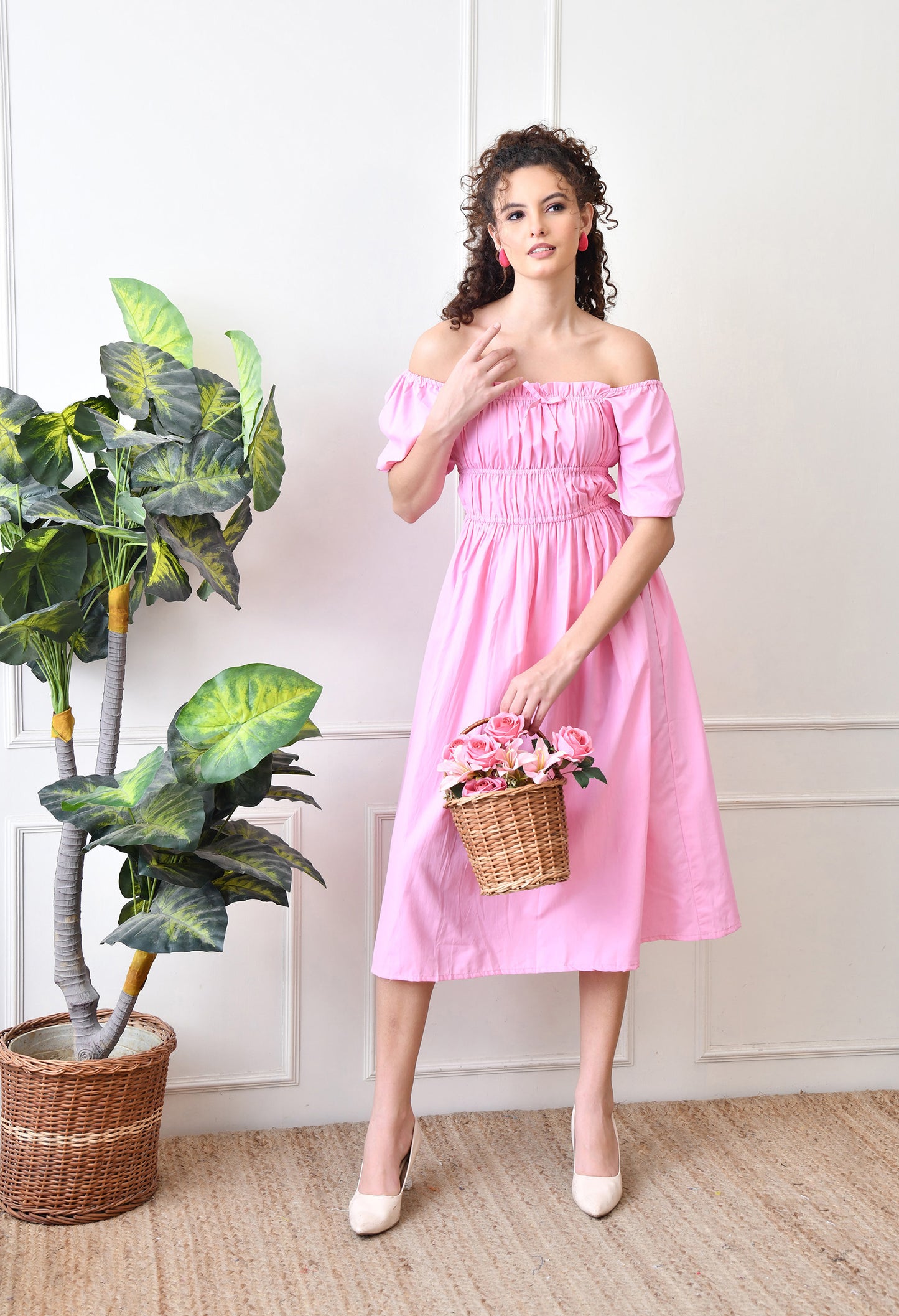 Pink Cotton Puff Sleeve Midi Dress