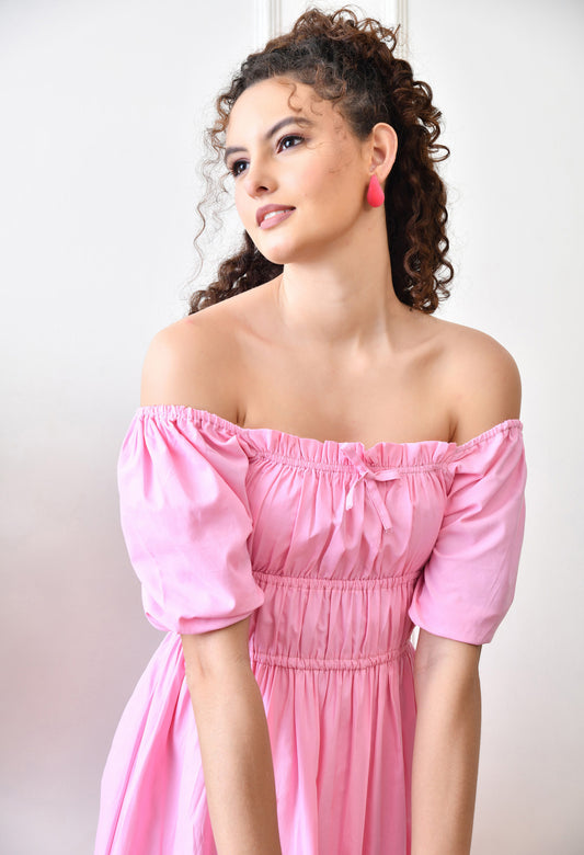 Pink Cotton Puff Sleeve Midi Dress