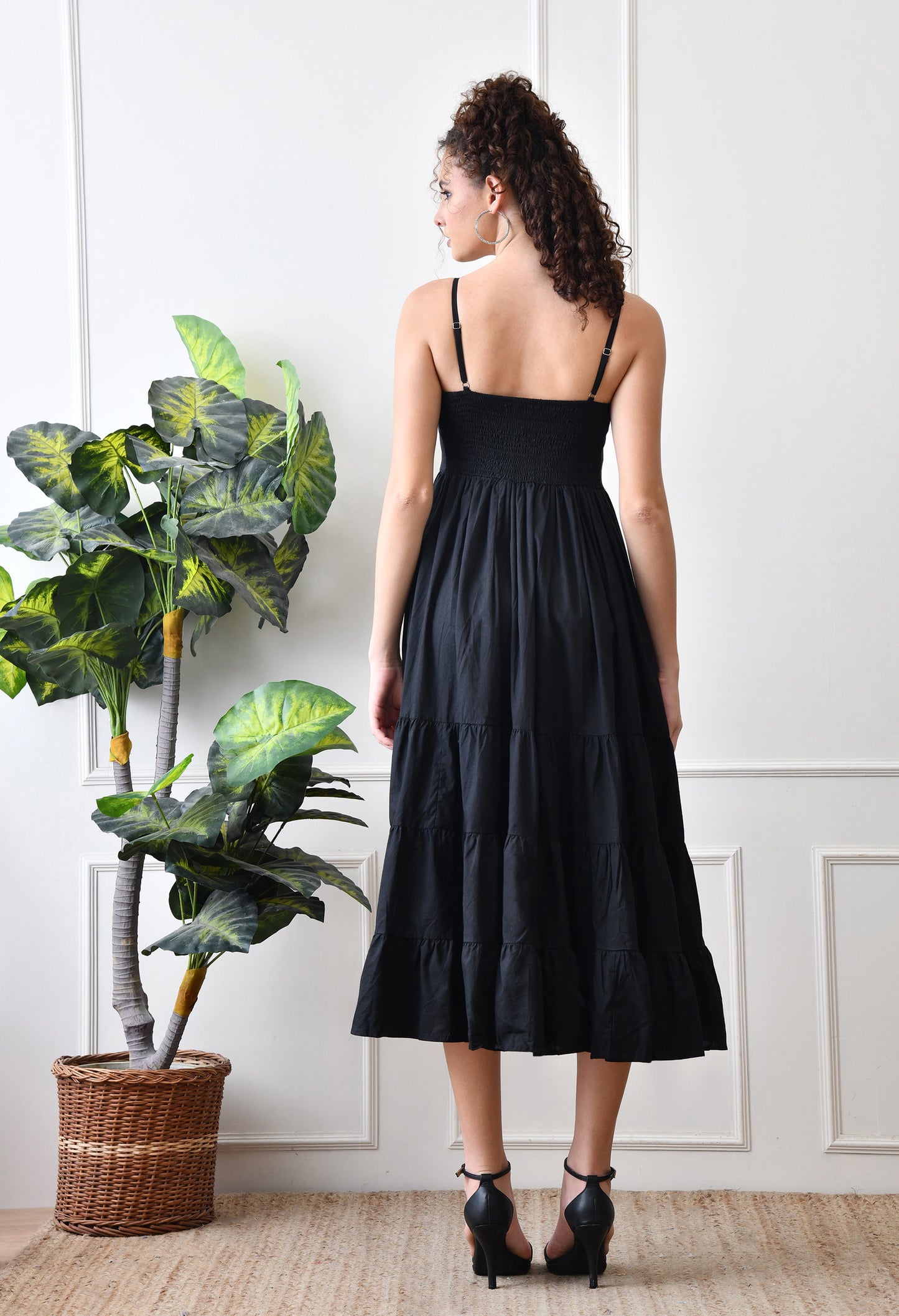 Black Cotton Tiered Midi Dress