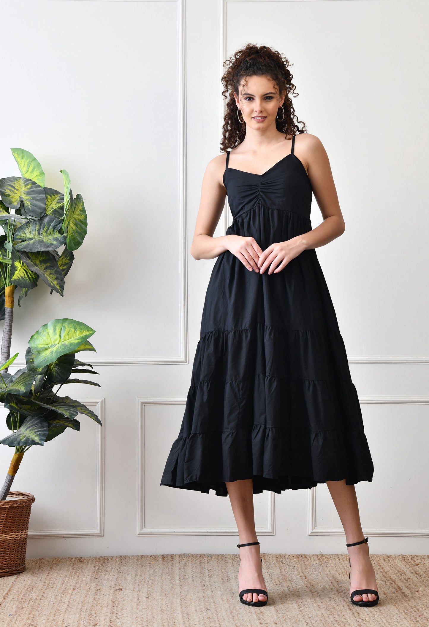 Black Cotton Tiered Midi Dress
