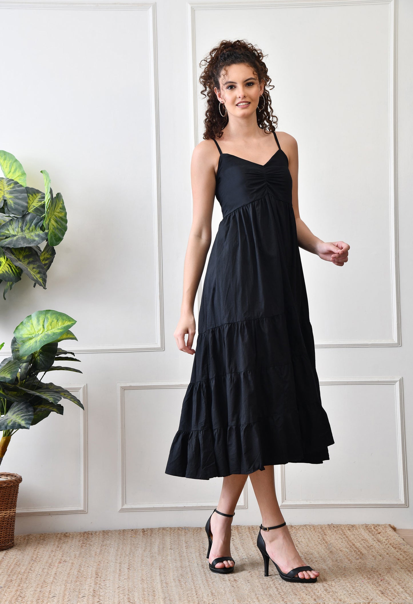 Black Cotton Tiered Midi Dress