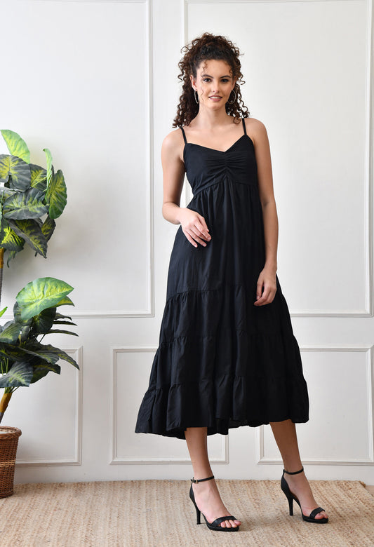Black Cotton Tiered Midi Dress