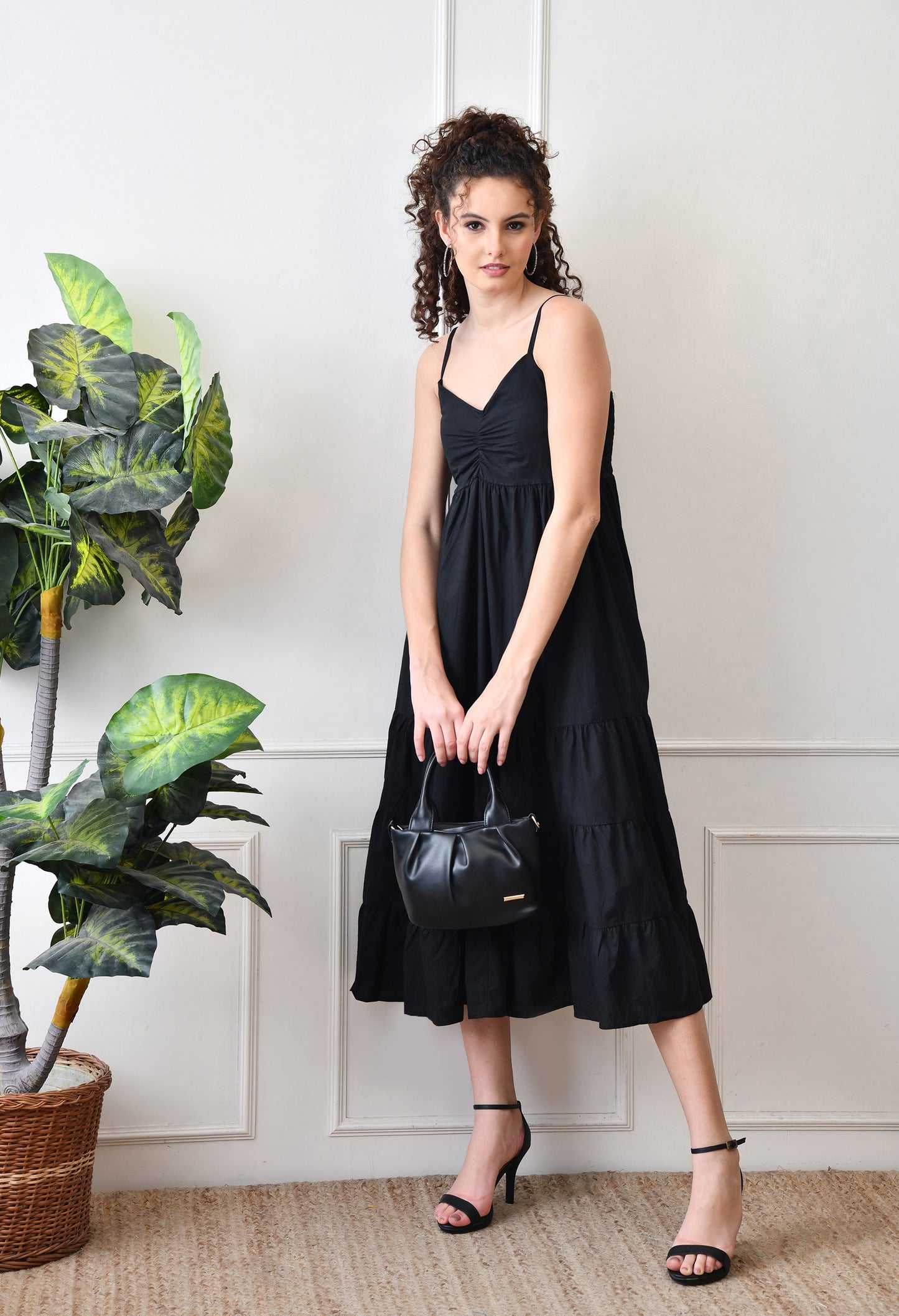 Black Cotton Tiered Midi Dress