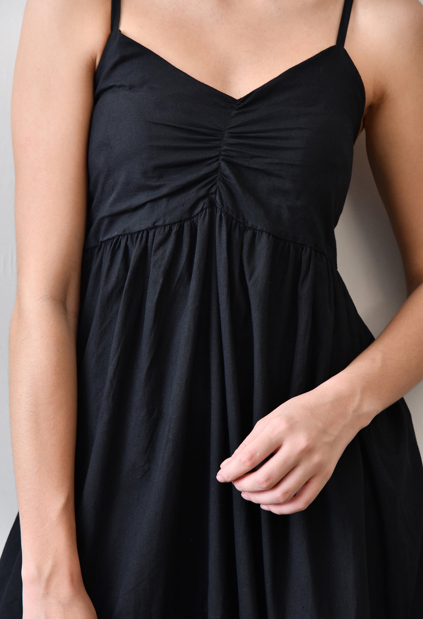 Black Cotton Tiered Midi Dress