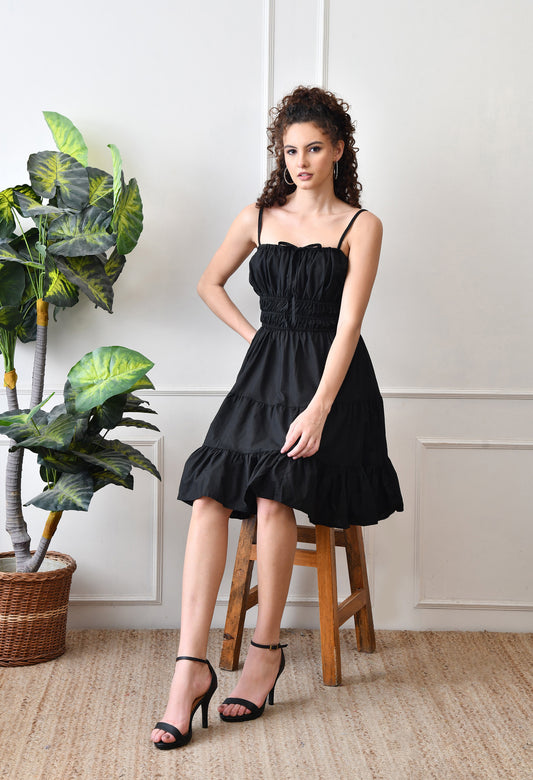 Smocked Waist Tiered Black Dress