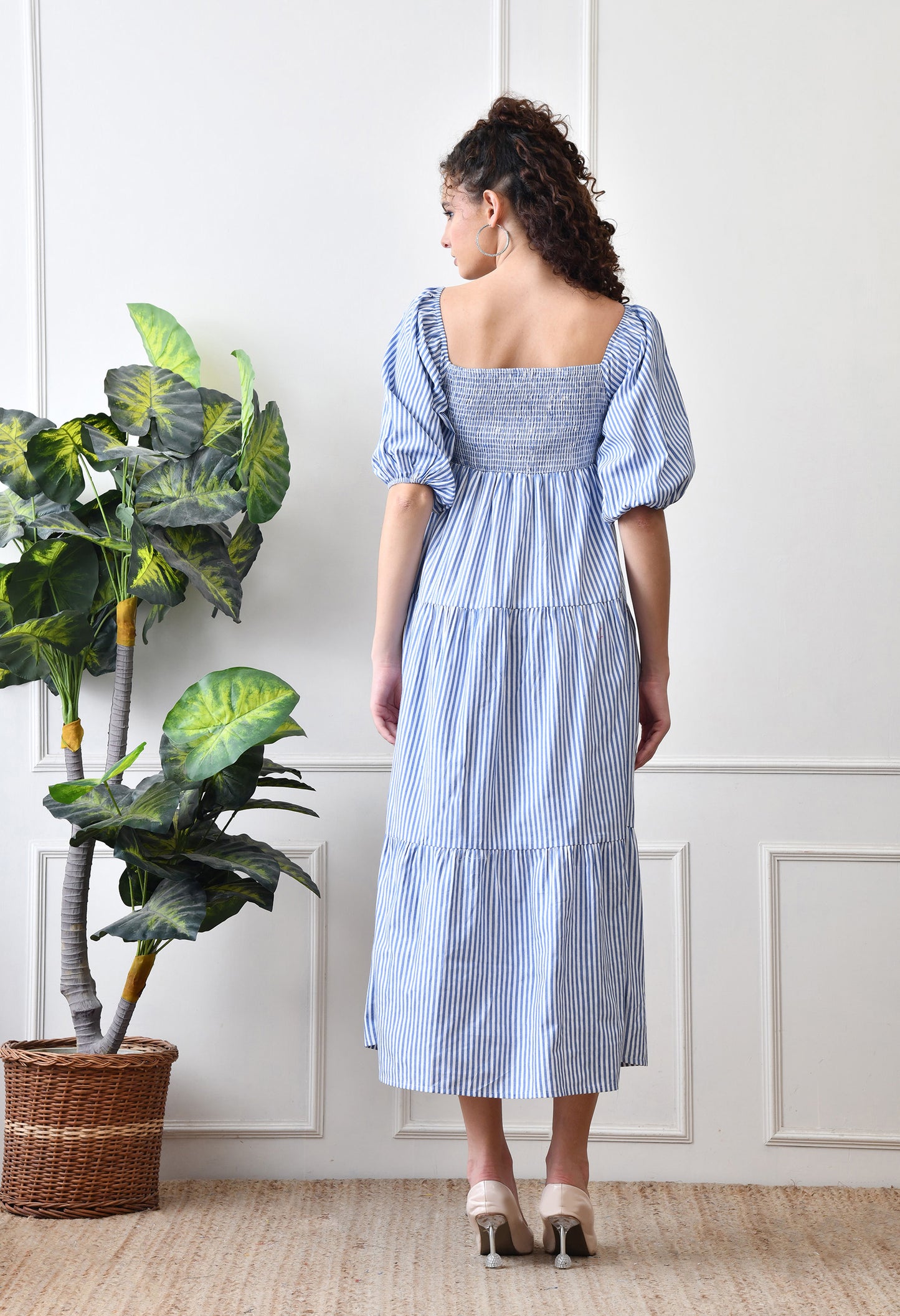 Blue & White Puff Sleeve Striped Tiered Cotton Dress