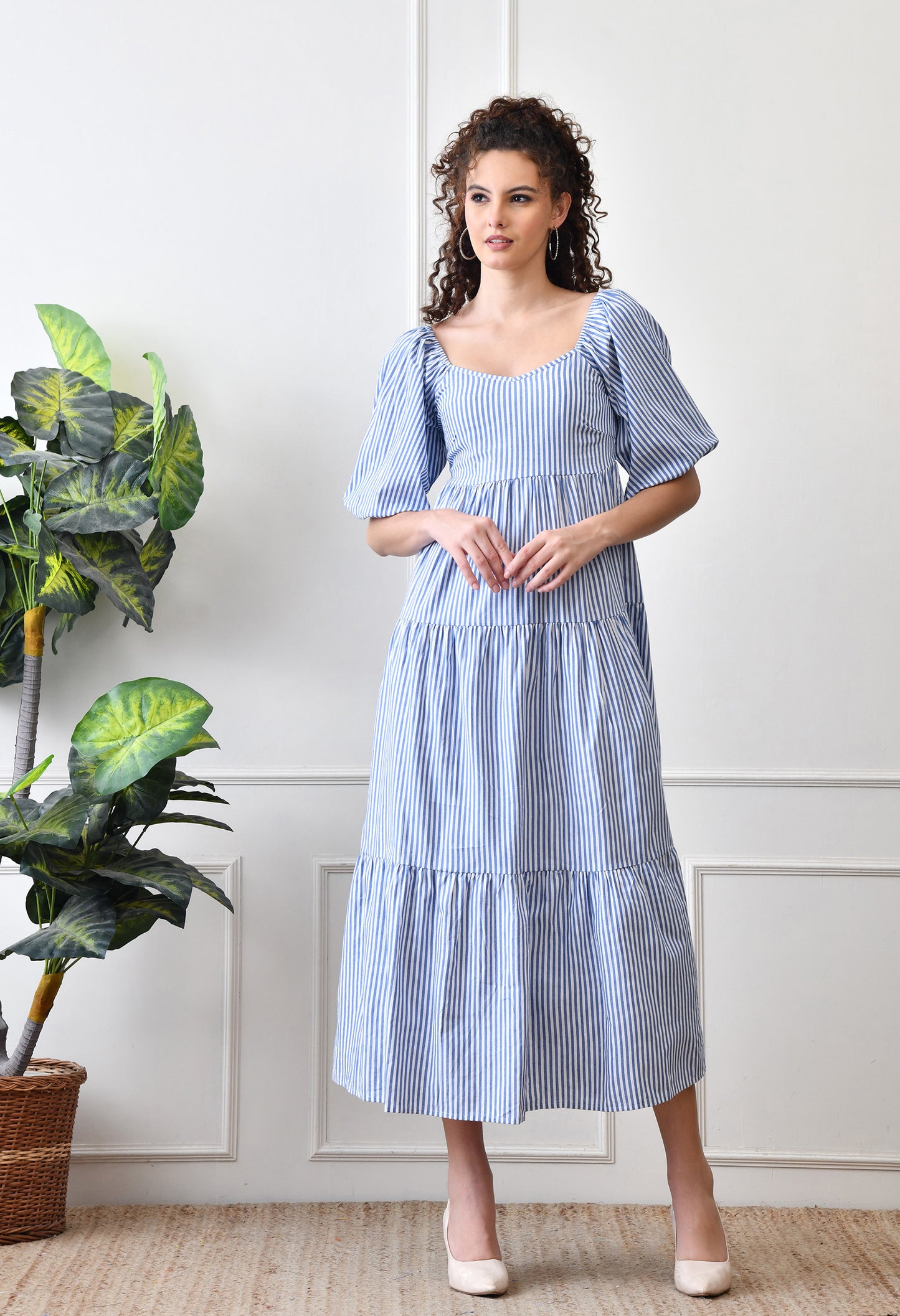 Blue & White Puff Sleeve Striped Tiered Cotton Dress