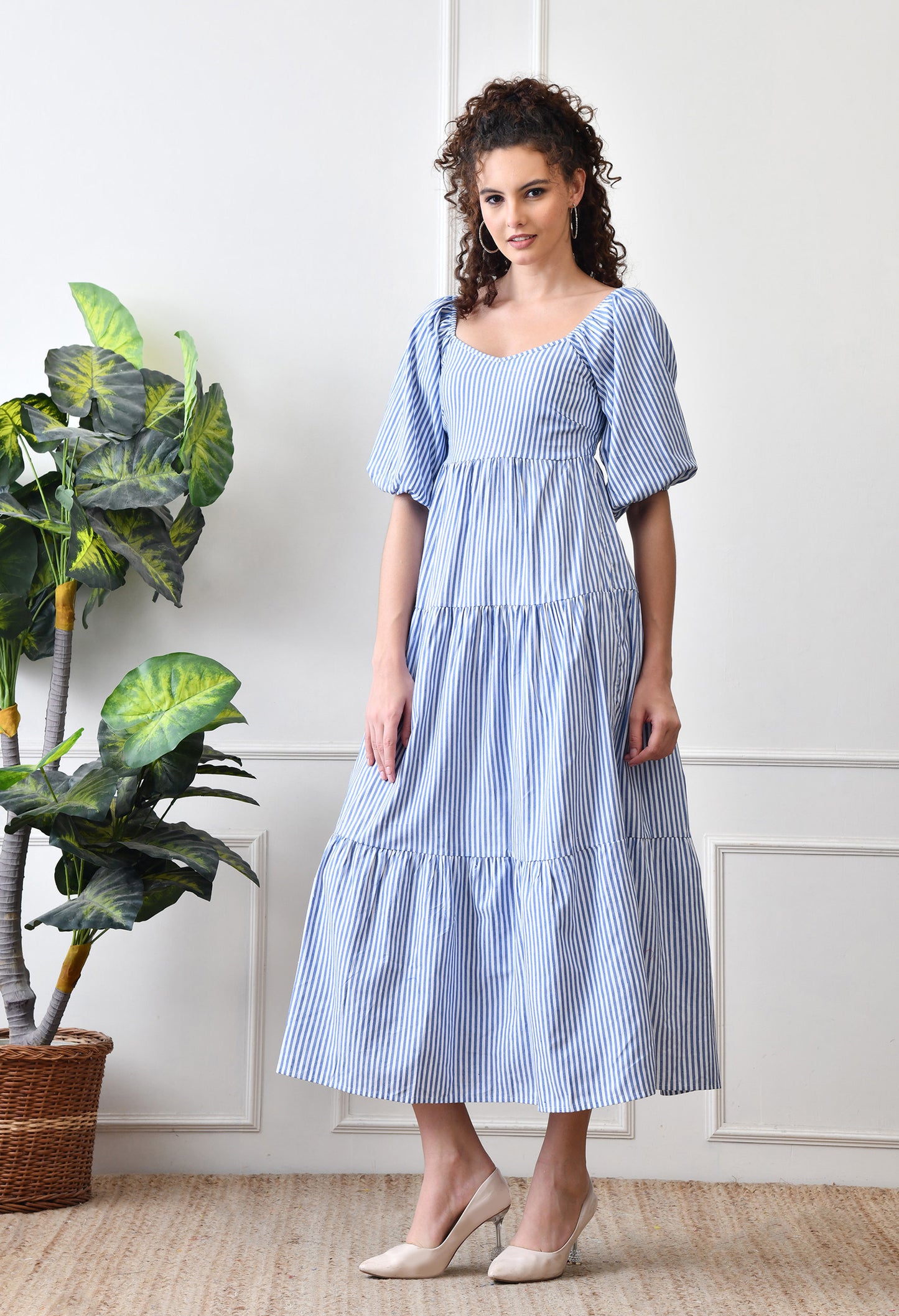 Blue & White Puff Sleeve Striped Tiered Cotton Dress