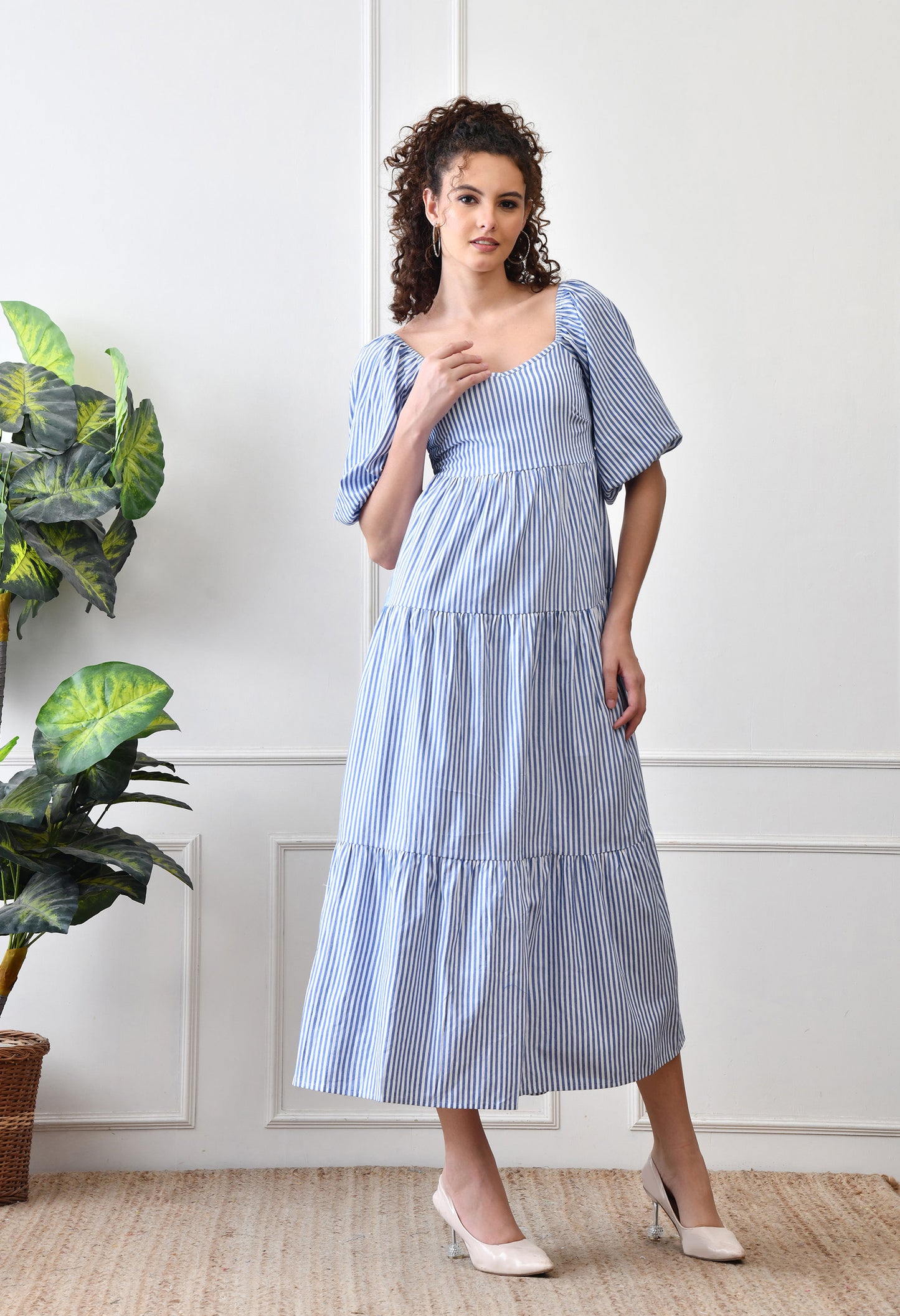 Blue & White Puff Sleeve Striped Tiered Cotton Dress