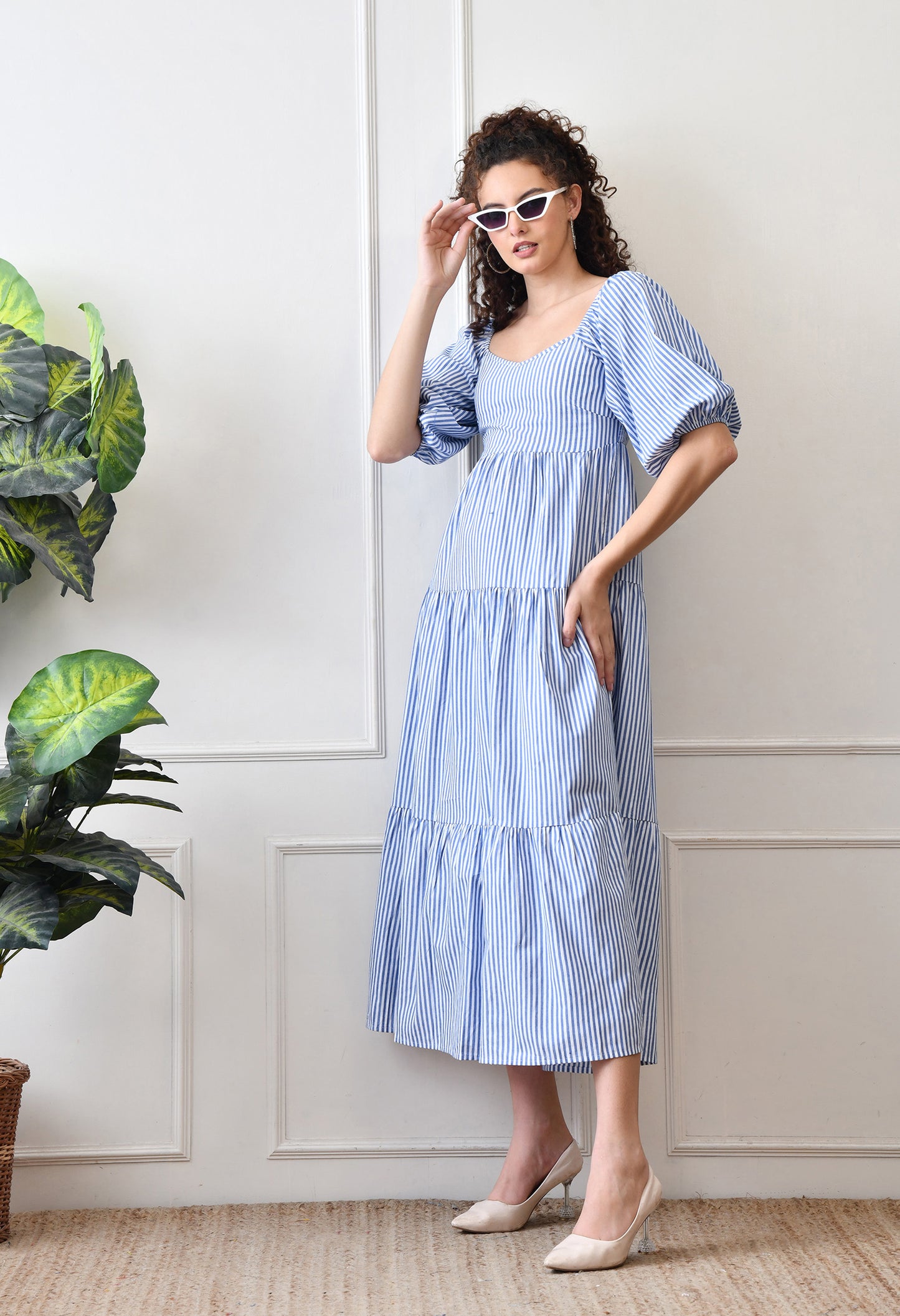Blue & White Puff Sleeve Striped Tiered Cotton Dress