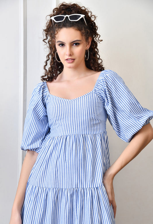 Blue & White Puff Sleeve Striped Tiered Cotton Dress