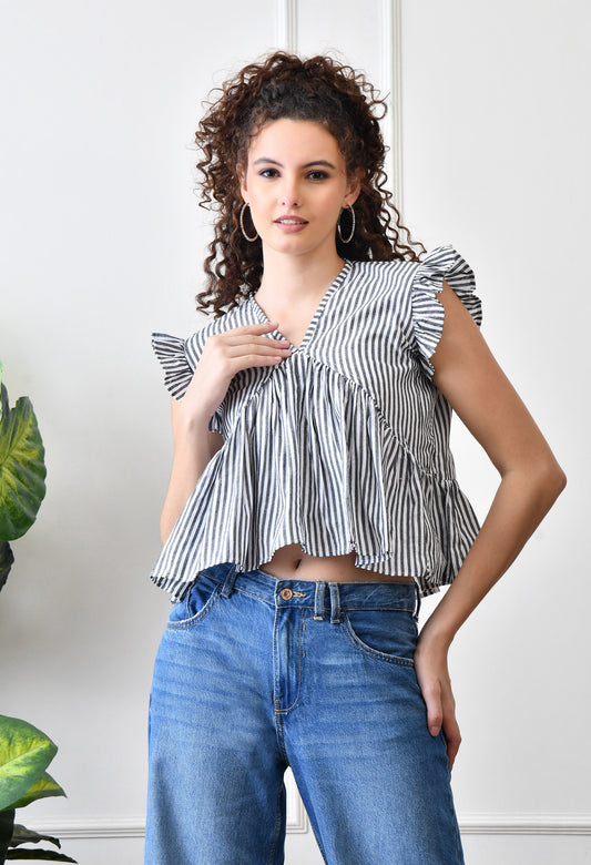 Black & White Striped Cotton Ruffle Top