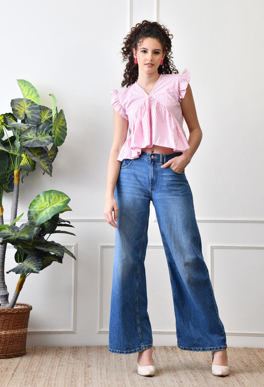 V-Neck Cotton Top in Pink Stripes