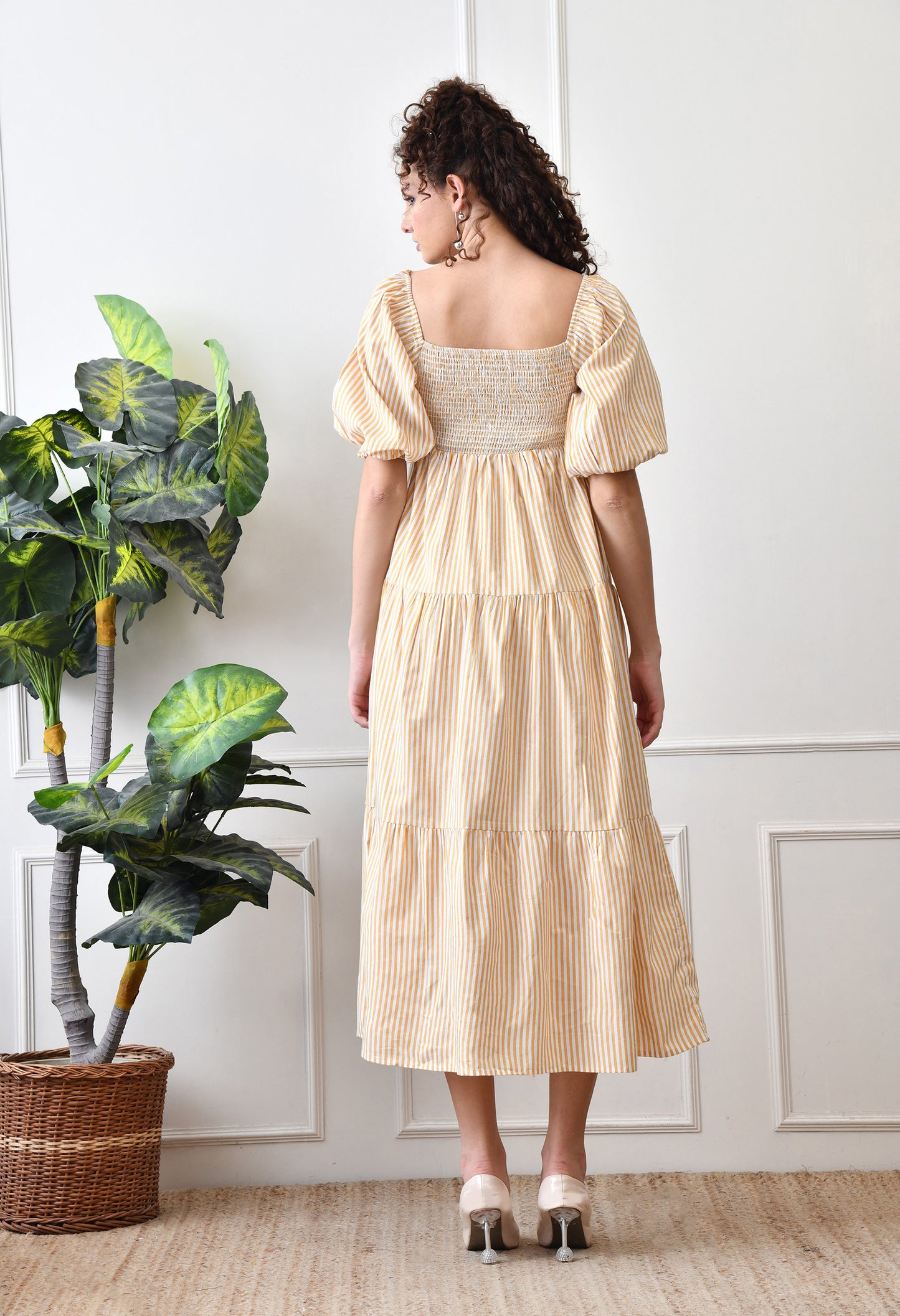 Sunshine Striped Puff Sleeve Midi Dress by Chicaboo