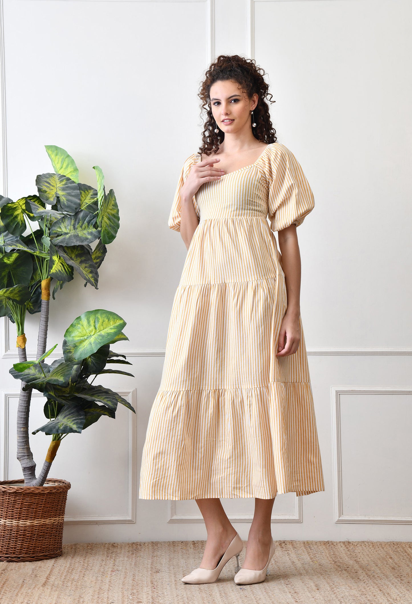 Sunshine Striped Puff Sleeve Midi Dress by Chicaboo