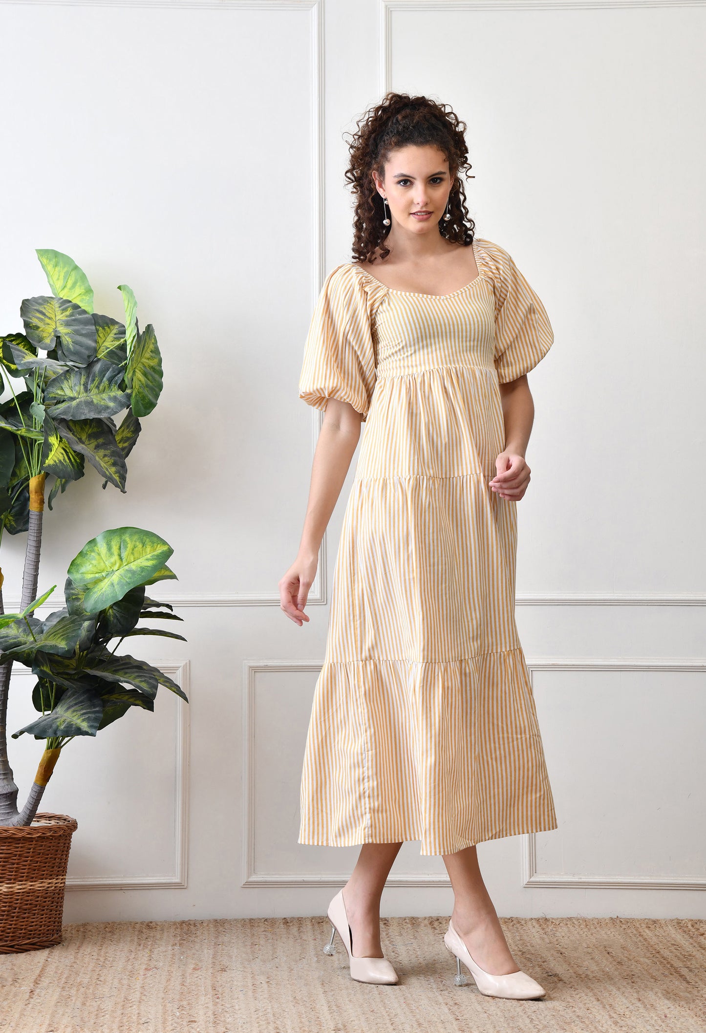 Sunshine Striped Puff Sleeve Midi Dress by Chicaboo