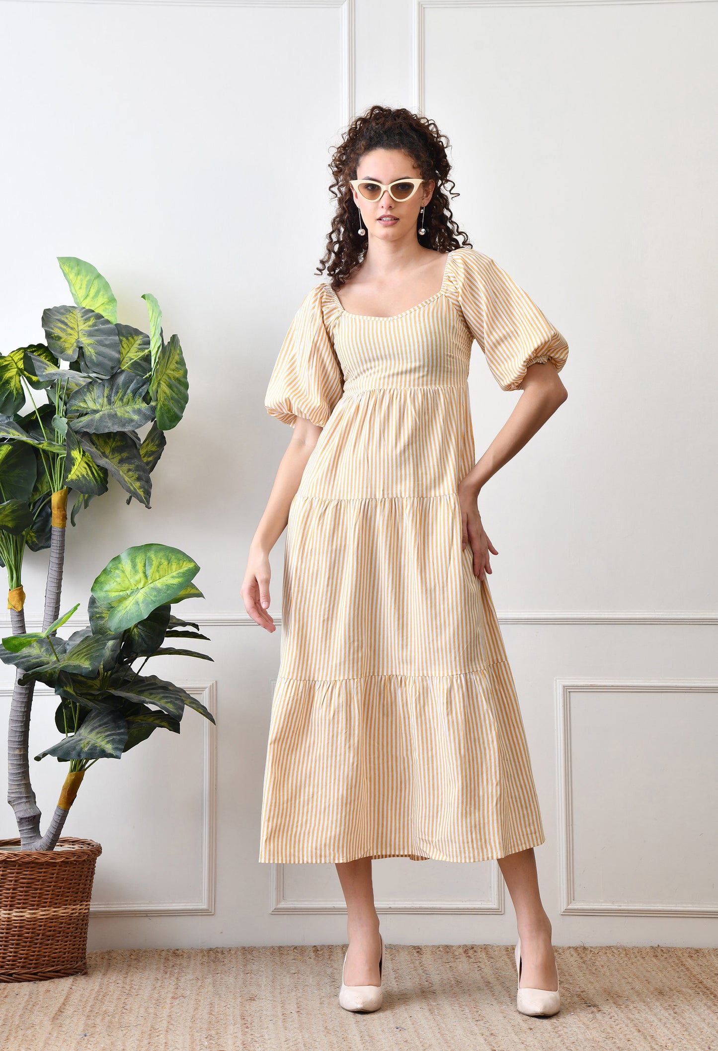 Sunshine Striped Puff Sleeve Midi Dress by Chicaboo