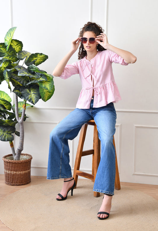 Pink Striped Cotton Top with Front Ties