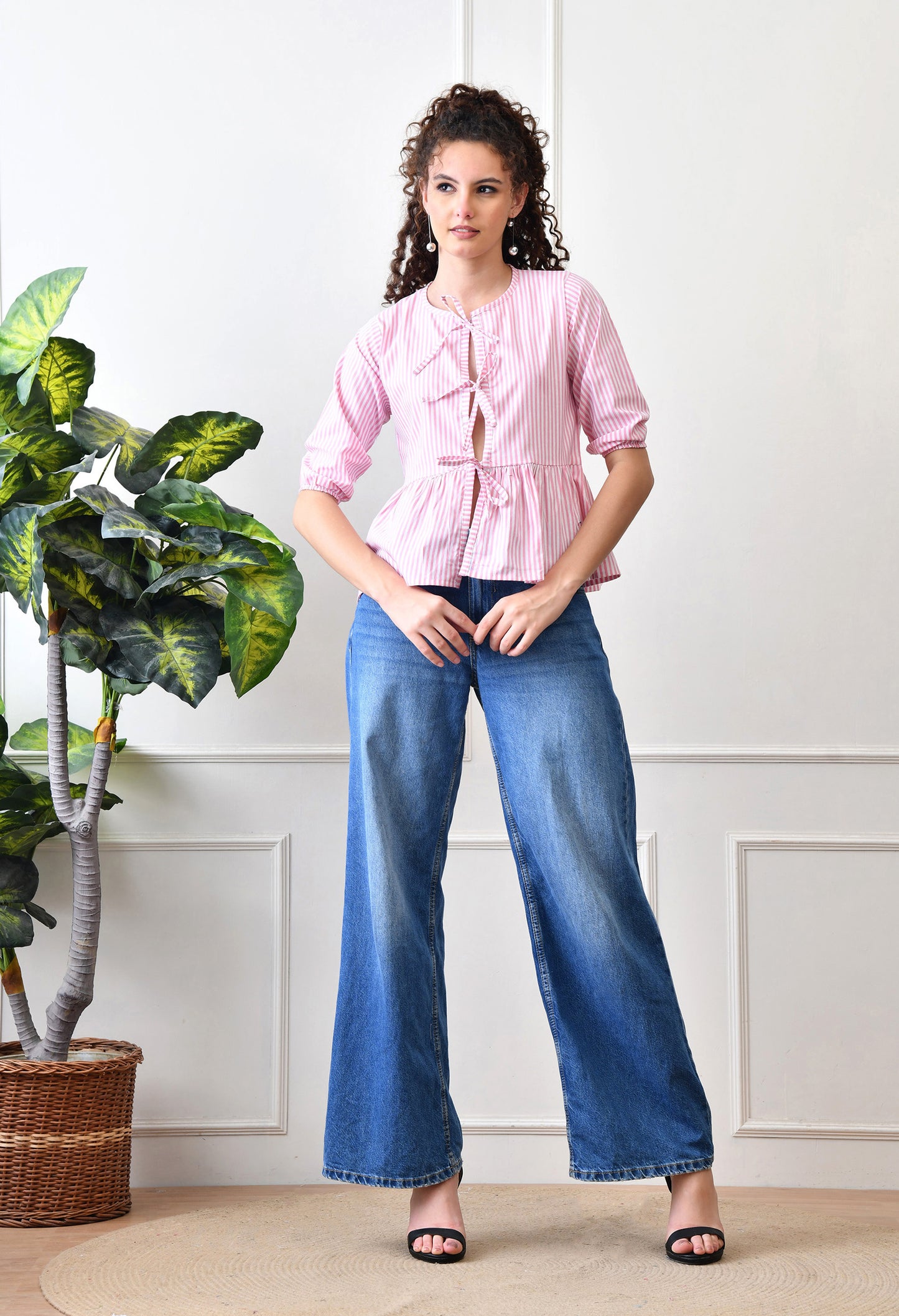Pink Striped Cotton Top with Front Ties