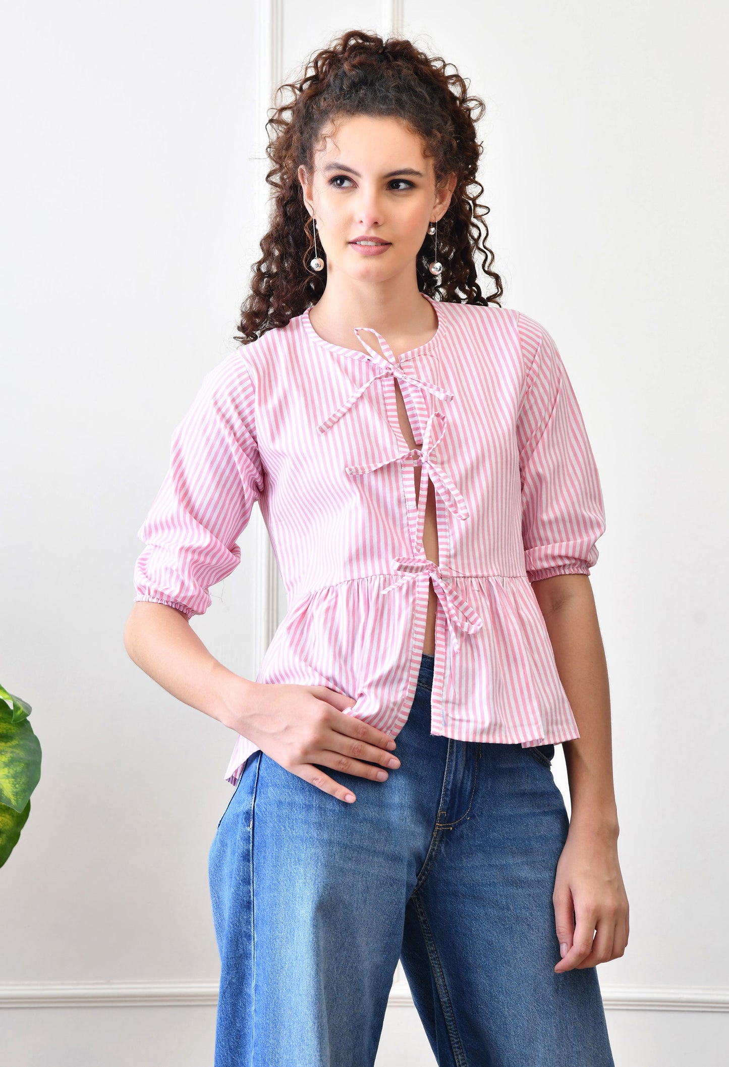 Pink Striped Cotton Top with Front Ties