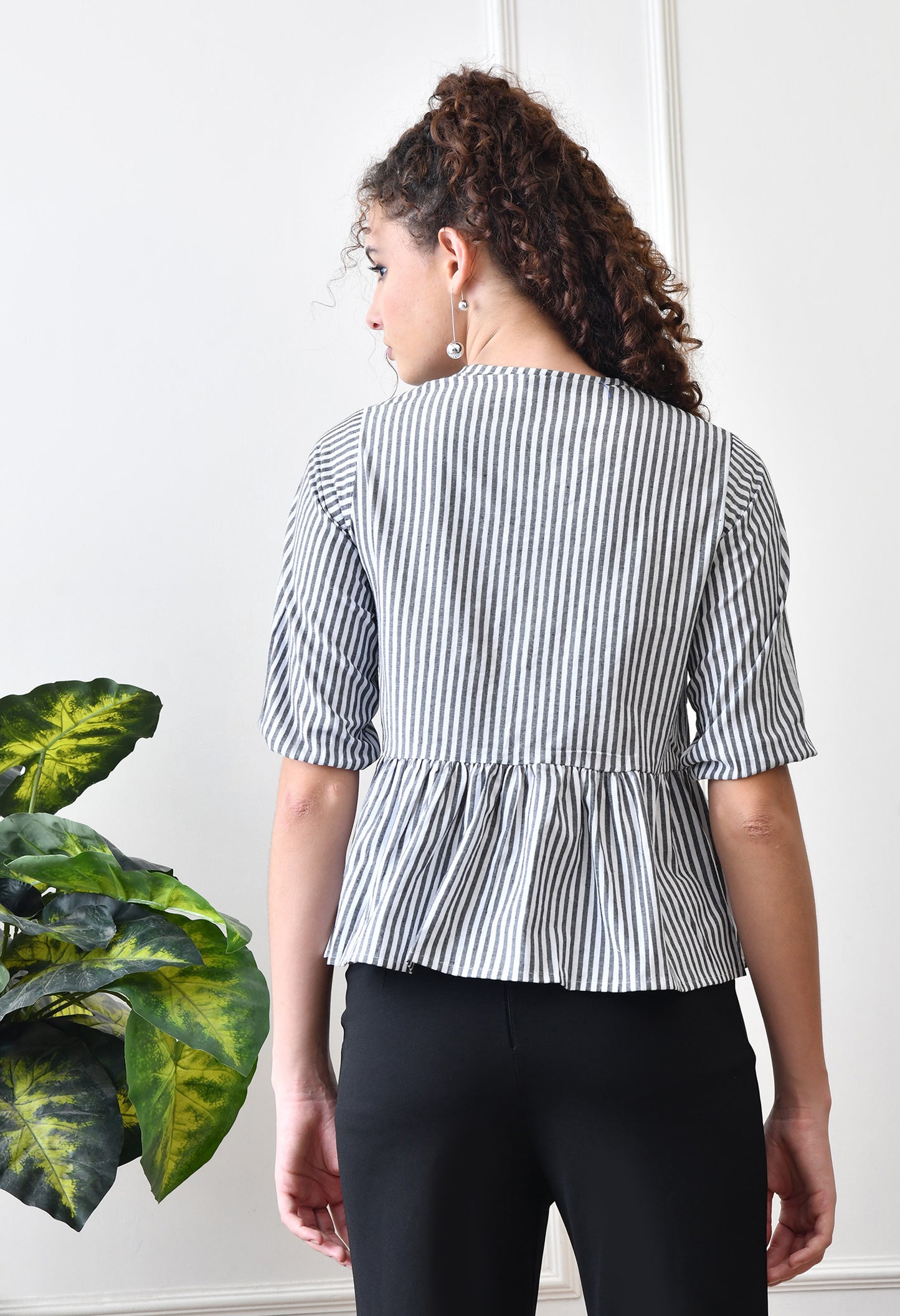 Black Striped Cotton Top with Front Ties