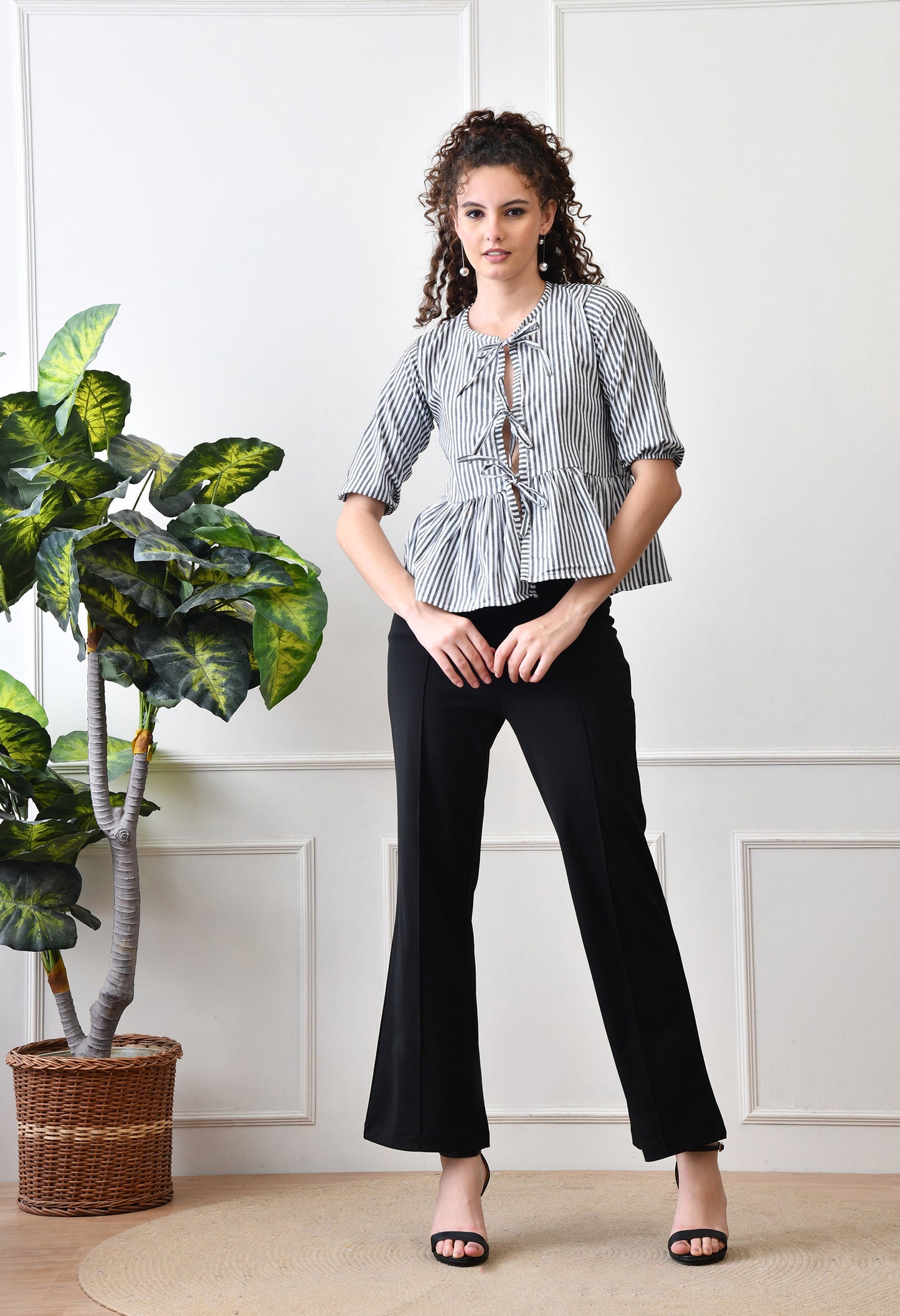 Black Striped Cotton Top with Front Ties