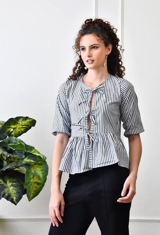 Black Striped Cotton Top with Front Ties