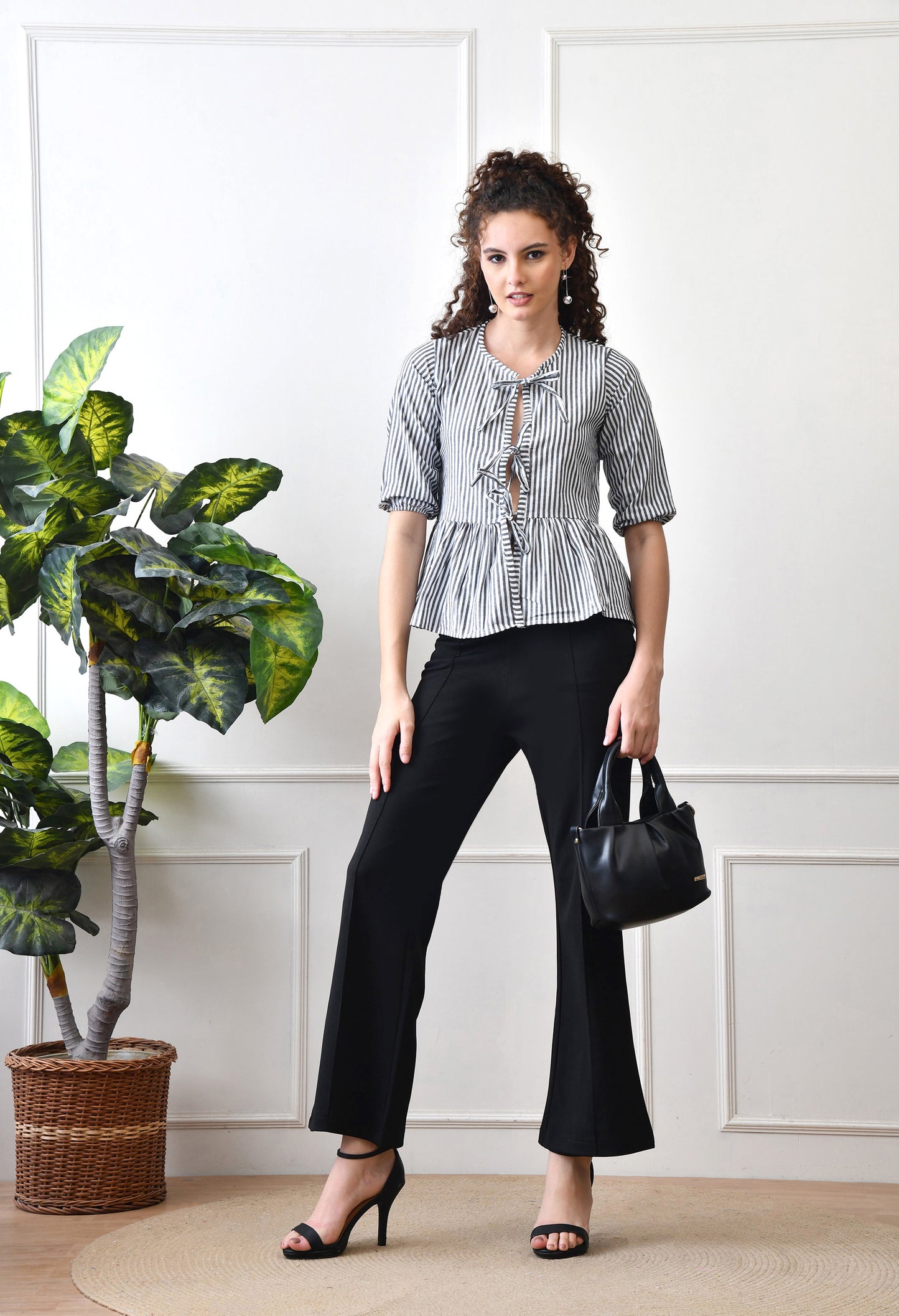 Black Striped Cotton Top with Front Ties