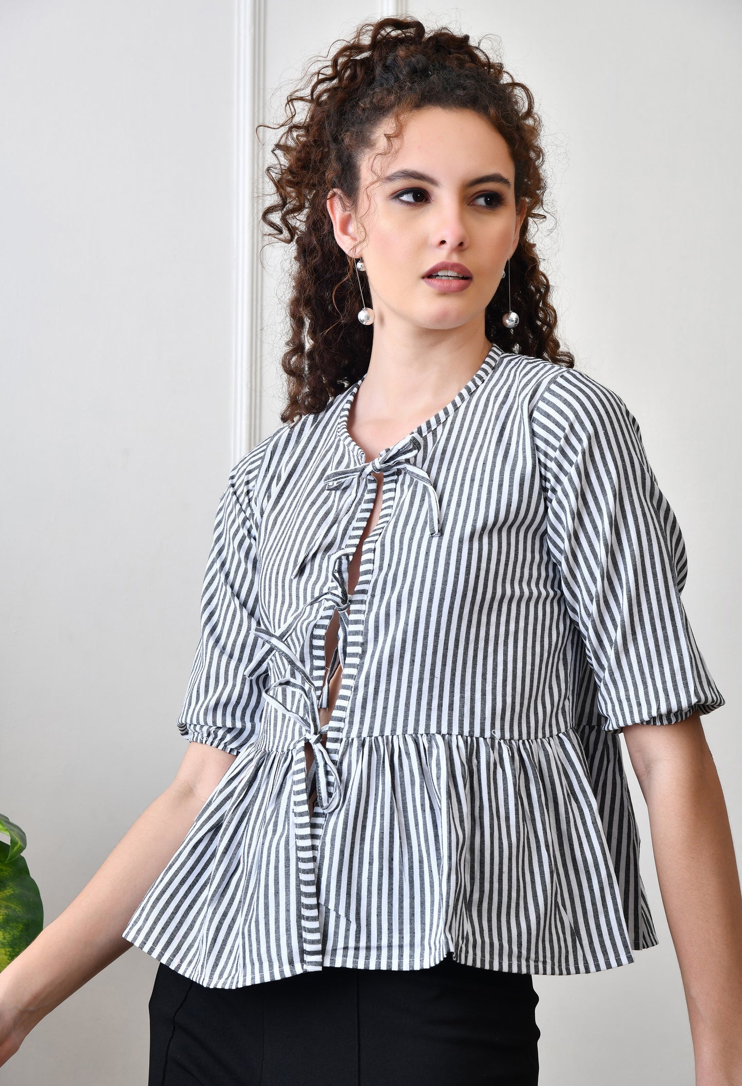 Black Striped Cotton Top with Front Ties