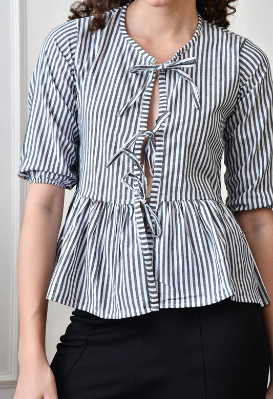 Black Striped Cotton Top with Front Ties
